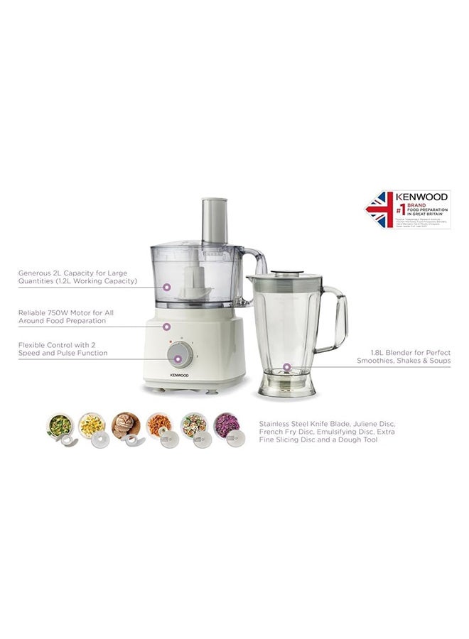 KENWOOD Food Processor, 1.8L Blender, 2 Speed & Pulse Function, Stainless Steel Knife, French Fry Disc, Emulsifying Disc, Extra Fine Slicing Disc 2 L 750 W FDP03.C2WH White - Image 4