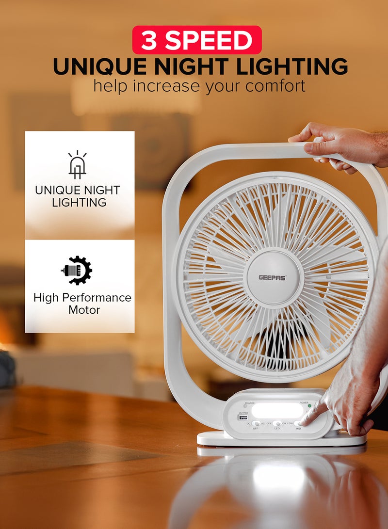 GEEPAS 12" Rechargeable Table Fan With Powerful Motor, 6V 4.5AH Lead- Acid Battery, 4 Hours Working Time, Led Night Light, Solar Input, USB Output, Up/Down Tilting, 5 Leaf Blade gf21189 White  - Image 3