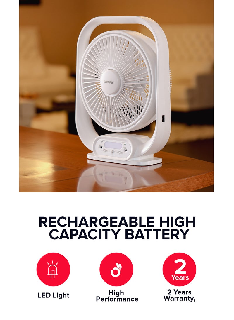 GEEPAS 12" Rechargeable Table Fan With Powerful Motor, 6V 4.5AH Lead- Acid Battery, 4 Hours Working Time, Led Night Light, Solar Input, USB Output, Up/Down Tilting, 5 Leaf Blade gf21189 White  - Image 4
