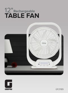 12" Rechargeable Table Fan With Powerful Motor, 6V 4.5AH Lead- Acid Battery, 4 Hours Working Time, Led Night Light, Solar Input, USB Output, Up/Down Tilting, 5 Leaf Blade gf21189 White
