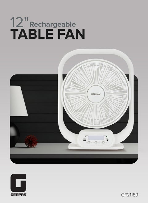 12" Rechargeable Table Fan With Powerful Motor, 6V 4.5AH Lead- Acid Battery, 4 Hours Working Time, Led Night Light, Solar Input, USB Output, Up/Down Tilting, 5 Leaf Blade gf21189 White