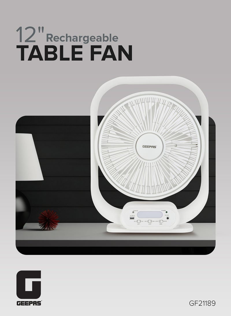 GEEPAS 12" Rechargeable Table Fan With Powerful Motor, 6V 4.5AH Lead- Acid Battery, 4 Hours Working Time, Led Night Light, Solar Input, USB Output, Up/Down Tilting, 5 Leaf Blade gf21189 White  - Image 1