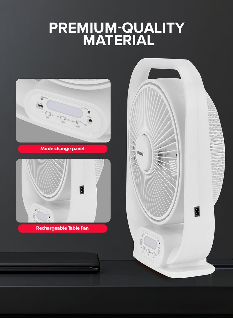 GEEPAS - 12" Rechargeable Table Fan With Powerful Motor, 6V 4.5AH Lead- Acid Battery, 4 Hours Working Time, Led Night Light, Solar Input, USB Output, Up/Down Tilting, 5 Leaf Blade gf21189 White - Image 1