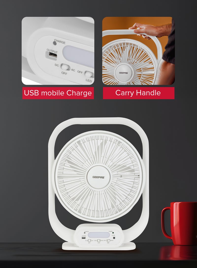 GEEPAS 12" Rechargeable Table Fan With Powerful Motor, 6V 4.5AH Lead- Acid Battery, 4 Hours Working Time, Led Night Light, Solar Input, USB Output, Up/Down Tilting, 5 Leaf Blade gf21189 White  - Image 5