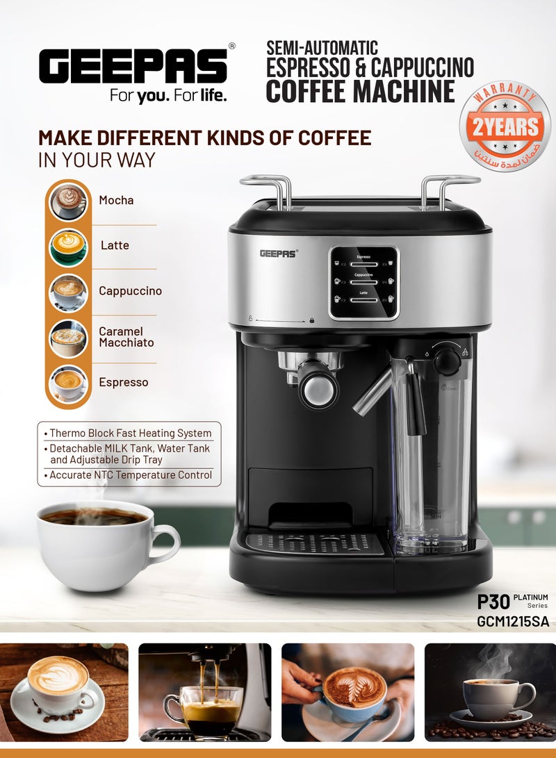 GEEPAS - Espresso and Cappuccino Coffee Machine, Equipped with 20 Bar High Pressure Pump and Powerful Steam System, Makes Cappuccino, Lattes, Espresso, Macchiato, Mocha 1.5 L 1250 W GCM1215SA Silver/ Black - Image 1