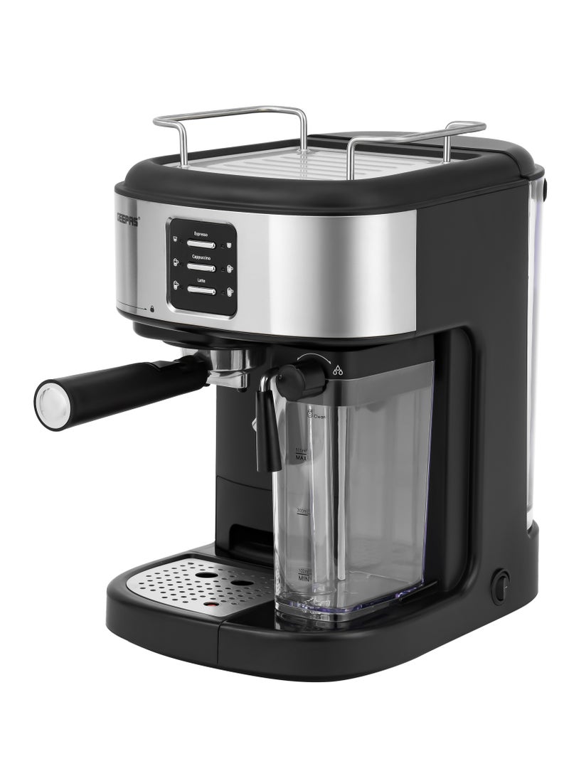 GEEPAS - Espresso and Cappuccino Coffee Machine, Equipped with 20 Bar High Pressure Pump and Powerful Steam System, Makes Cappuccino, Lattes, Espresso, Macchiato, Mocha 1.5 L 1250 W GCM1215SA Silver/ Black - Image 1
