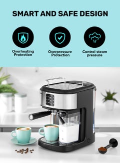 GEEPAS Espresso and Cappuccino Coffee Machine, Equipped with 20 Bar High Pressure Pump and Powerful Steam System, Makes Cappuccino, Lattes, Espresso, Macchiato, Mocha 1.5 L 1250 W GCM1215SA Silver/ Black  - Image 5