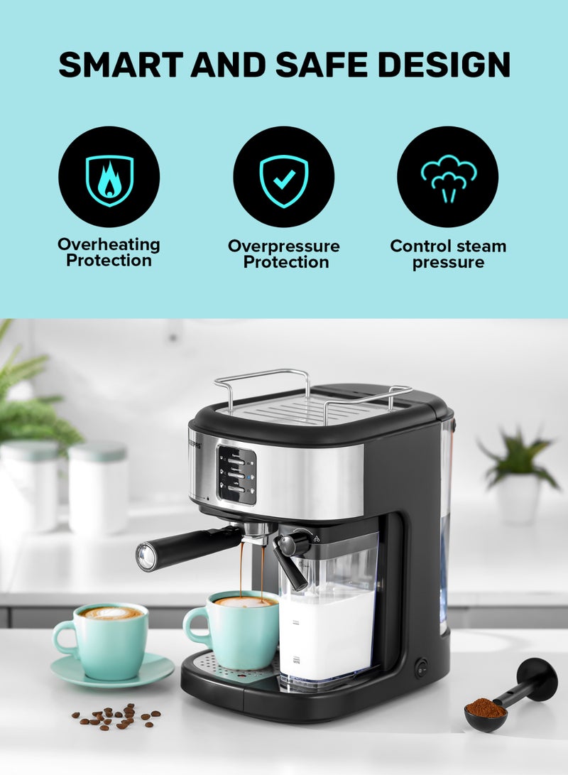 GEEPAS - Espresso and Cappuccino Coffee Machine, Equipped with 20 Bar High Pressure Pump and Powerful Steam System, Makes Cappuccino, Lattes, Espresso, Macchiato, Mocha 1.5 L 1250 W GCM1215SA Silver/ Black - Image 1