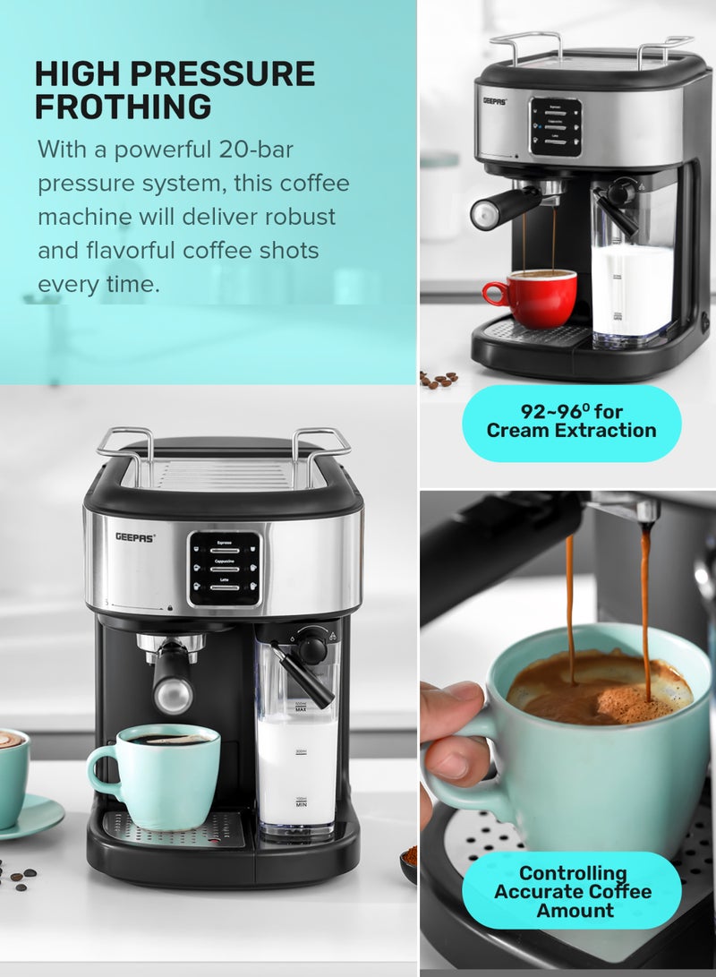 GEEPAS - Espresso and Cappuccino Coffee Machine, Equipped with 20 Bar High Pressure Pump and Powerful Steam System, Makes Cappuccino, Lattes, Espresso, Macchiato, Mocha 1.5 L 1250 W GCM1215SA Silver/ Black - Image 1