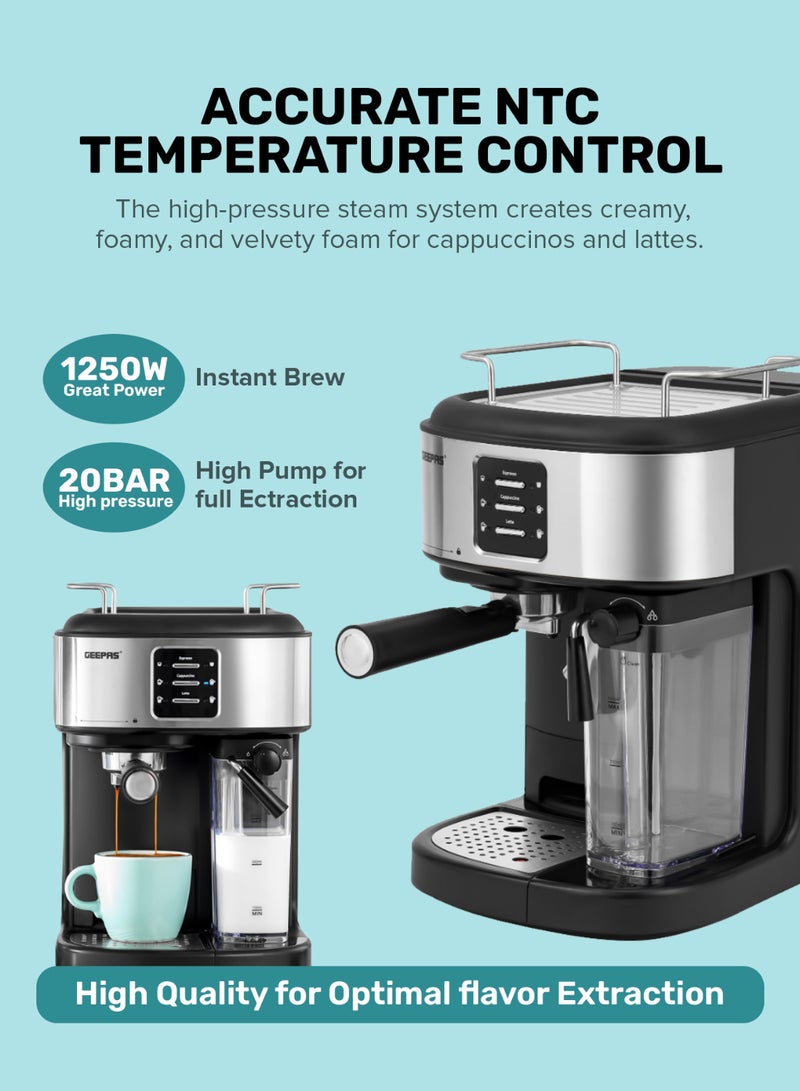 GEEPAS - Espresso and Cappuccino Coffee Machine, Equipped with 20 Bar High Pressure Pump and Powerful Steam System, Makes Cappuccino, Lattes, Espresso, Macchiato, Mocha 1.5 L 1250 W GCM1215SA Silver/ Black - Image 1