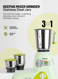 GEEPAS 3 In 1 Mixer Grinder With 3 Speed setting with Incher | Heavy duty Motor | Silent and smooth Blender | Shock Proof and Over Heat Protetction 1.2 L 650 W GSB44094 Pista Green  - Image 2