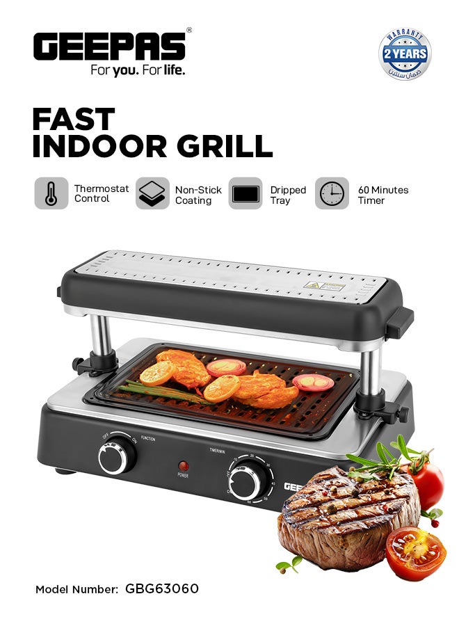 Geepas Fast Indoor Grill, With Drip Tray for Easy Cleaning, and Thermostat Control for Versatile Cooking, Perfect for Sizzling Steaks, Searing Vegetables, Toasting Breads and Buns 1400 W GBG63060 Silver/ Black - pnsku/N70003257V/45/_/1728243820/9a839468-e2ad-4f25-a638-0186bb19948e