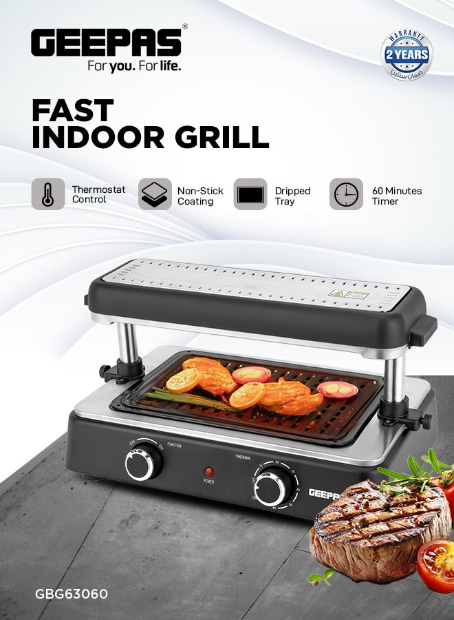 Geepas Fast Indoor Grill, With Drip Tray for Easy Cleaning, and Thermostat Control for Versatile Cooking, Perfect for Sizzling Steaks, Searing Vegetables, Toasting Breads and Buns 1400 W GBG63060 Silver/ Black - pnsku/N70003257V/45/_/1728243822/58d40851-703c-44bb-adc3-234ebfee054f