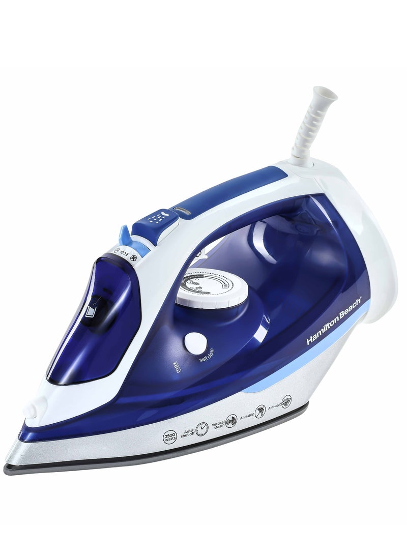 Hamilton Beach Steam Iron, Ceramic Soleplate, Auto-Shut Off, Vertical Steam,35g/min Steam,Water Spray,Steam Shot, Dry, ECO & Max Settings, 300ml, Anti-Drip, Anti-Calc, Self Clean, 2 yrs warranty 300 ml 2500 W ST3797-ME Blue - Image 1