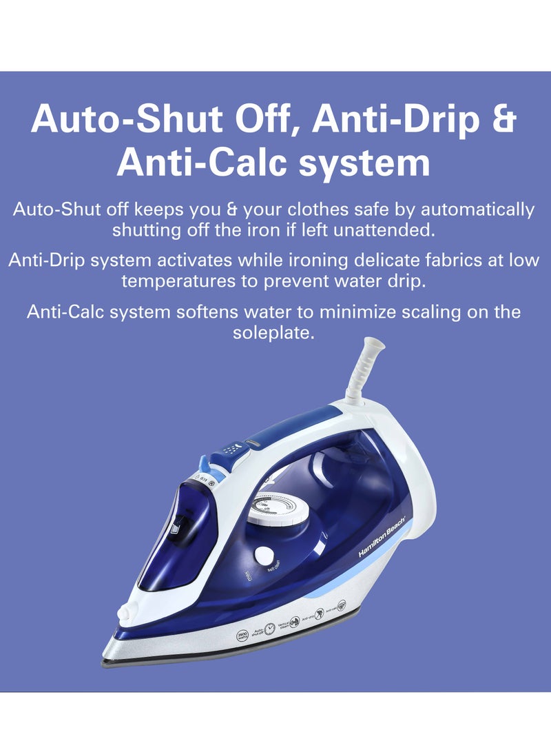 Hamilton Beach Steam Iron, Ceramic Soleplate, Auto-Shut Off, Vertical Steam,35g/min Steam,Water Spray,Steam Shot, Dry, ECO & Max Settings, 300ml, Anti-Drip, Anti-Calc, Self Clean, 2 yrs warranty 300 ml 2500 W ST3797-ME Blue - Image 3
