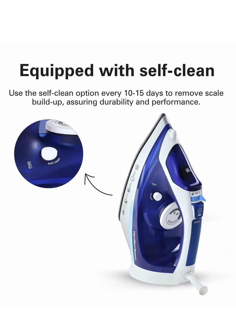 Hamilton Beach Steam Iron, Ceramic Soleplate, Auto-Shut Off, Vertical Steam,35g/min Steam,Water Spray,Steam Shot, Dry, ECO & Max Settings, 300ml, Anti-Drip, Anti-Calc, Self Clean, 2 yrs warranty 300 ml 2500 W ST3797-ME Blue - Image 2