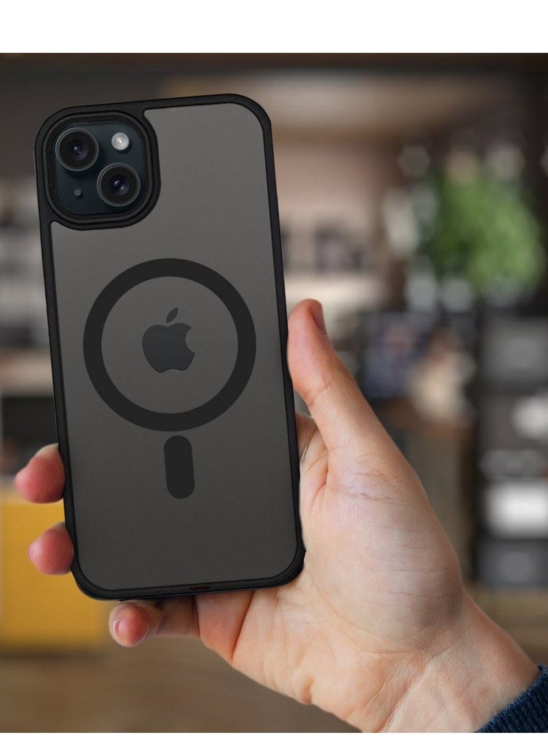 MARGOUN iPhone 15 Back Cover Full Camera Protection And Reinforced Corners Scratch Resistant Cover Support Magnetic Charging Transparent Body Black - Image 2