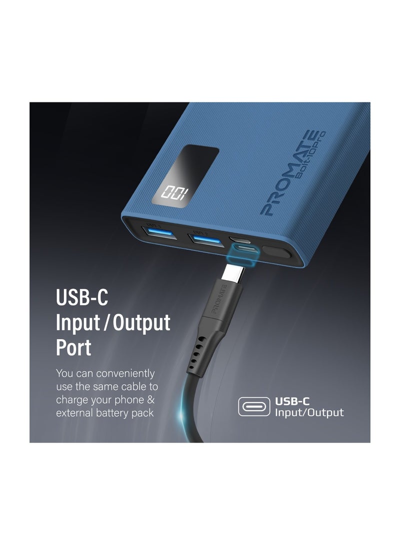 PROMATE - 10000 mAh Universal Ultra-Slim iPhone 16 Power Bank, Portable Charger, 10W USB-C Input/Output Port, Dual USB, LED, Over-Heating Protection For iPhone 13/14, Galaxy, iPad, Bolt-10 Pro - Blue - Image 1