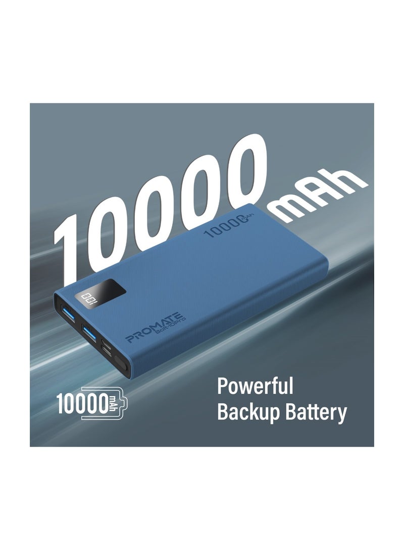 PROMATE - 10000 mAh Universal Ultra-Slim iPhone 16 Power Bank, Portable Charger, 10W USB-C Input/Output Port, Dual USB, LED, Over-Heating Protection For iPhone 13/14, Galaxy, iPad, Bolt-10 Pro - Blue - Image 1