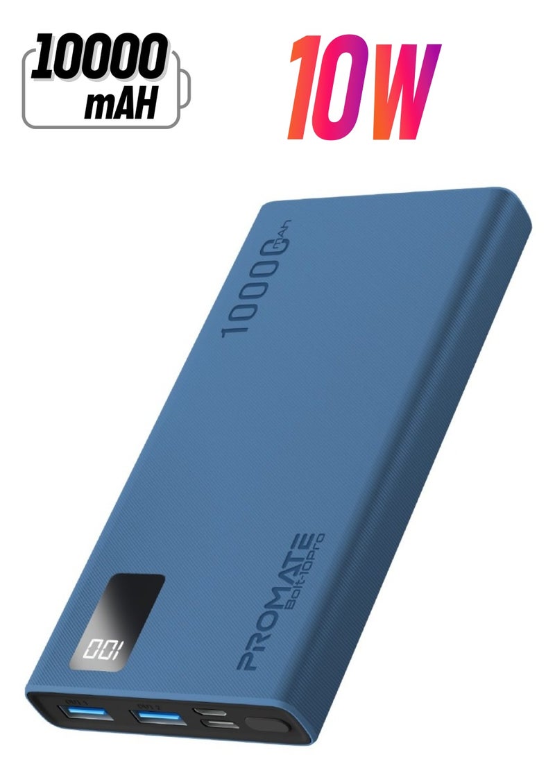 PROMATE - 10000 mAh Universal Ultra-Slim iPhone 16 Power Bank, Portable Charger, 10W USB-C Input/Output Port, Dual USB, LED, Over-Heating Protection For iPhone 13/14, Galaxy, iPad, Bolt-10 Pro - Blue - Image 1