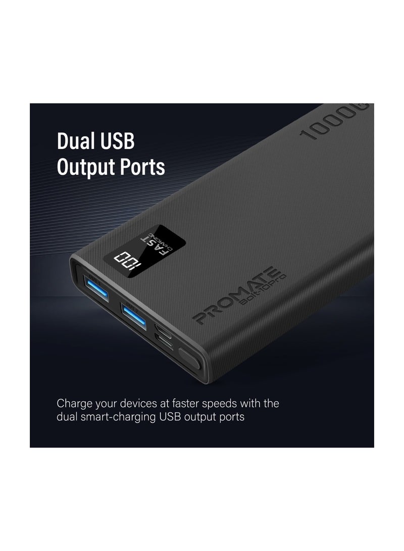 PROMATE - 10000 mAh Universal Ultra-Slim iPhone 16 Power Bank, Portable Charger, 10W USB-C Input/Output Port, Dual USB, LED, Over-Heating Protection For iPhone 13/14, Galaxy, iPad, Bolt-10 Pro - Black - Image 1
