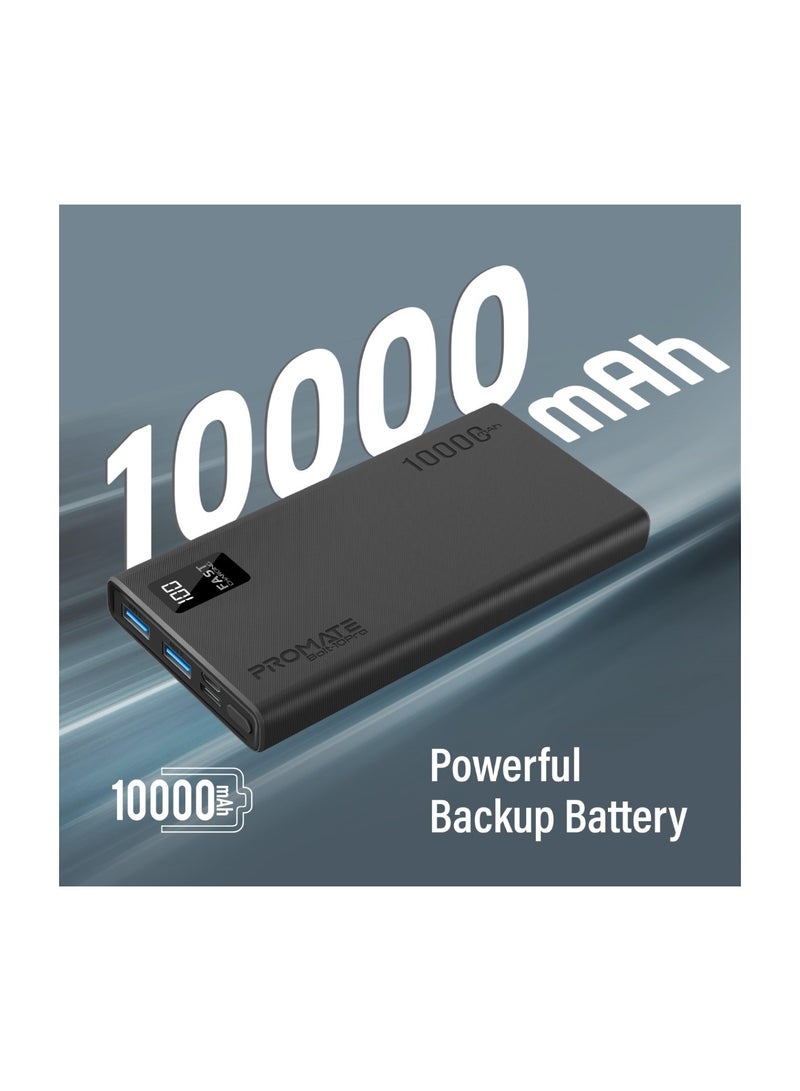 PROMATE - 10000 mAh Universal Ultra-Slim iPhone 16 Power Bank, Portable Charger, 10W USB-C Input/Output Port, Dual USB, LED, Over-Heating Protection For iPhone 13/14, Galaxy, iPad, Bolt-10 Pro - Black - Image 1