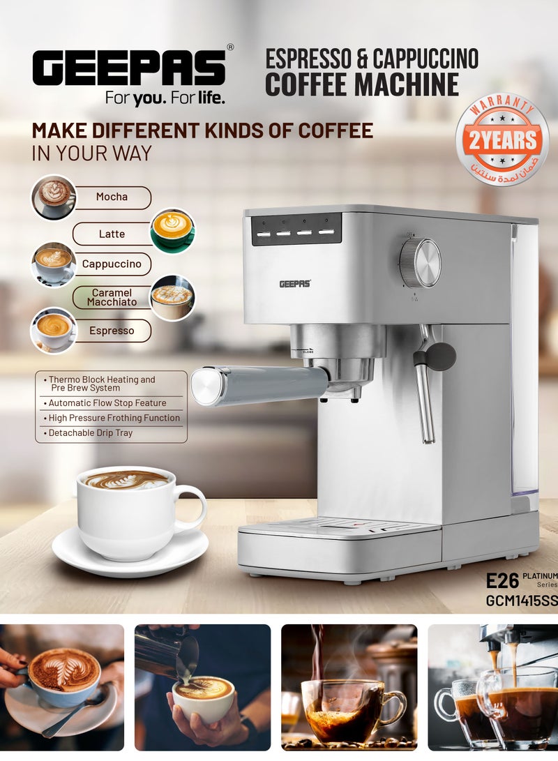 GEEPAS - Espresso and Cappuccino Coffee Maker Machine Equipped with 20 Bar High Pressure Pump and Powerful Steam System Makes Cappuccino, Lattes, Espresso, Macchiato, Mocha 1.4 L 1450 W GCM1415SS Silver - Image 1