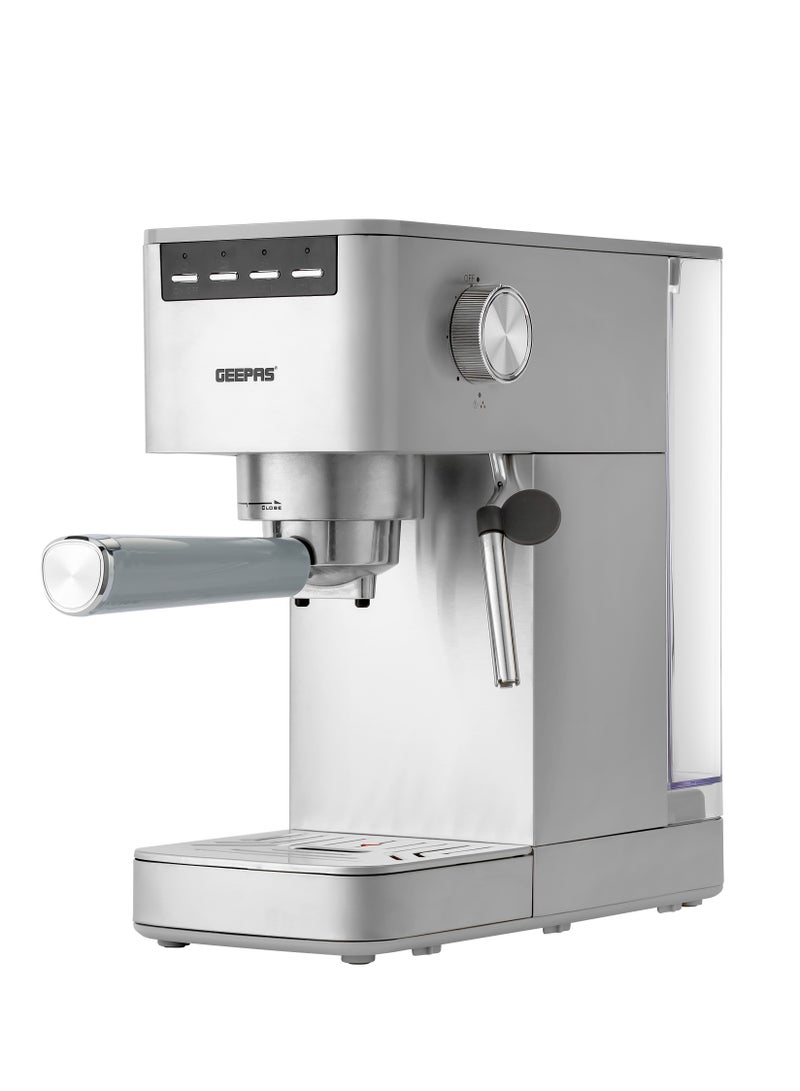 GEEPAS - Espresso and Cappuccino Coffee Maker Machine Equipped with 20 Bar High Pressure Pump and Powerful Steam System Makes Cappuccino, Lattes, Espresso, Macchiato, Mocha 1.4 L 1450 W GCM1415SS Silver - Image 1