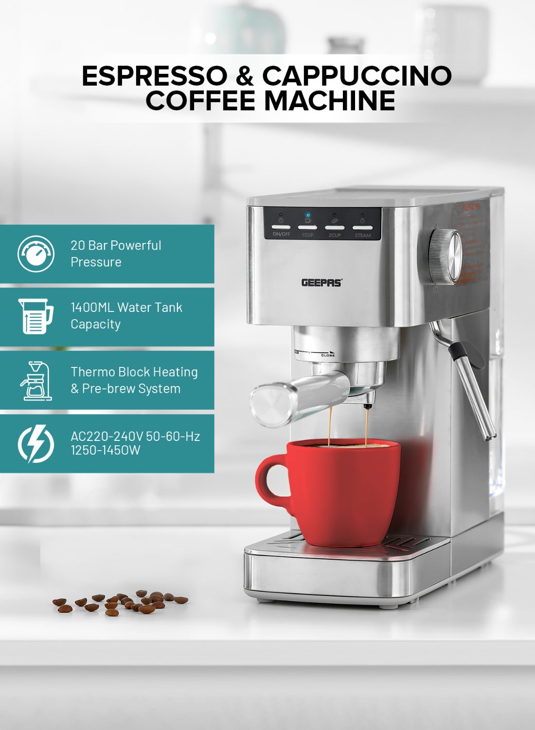 GEEPAS Espresso and Cappuccino Coffee Maker Machine Equipped with - Main Image