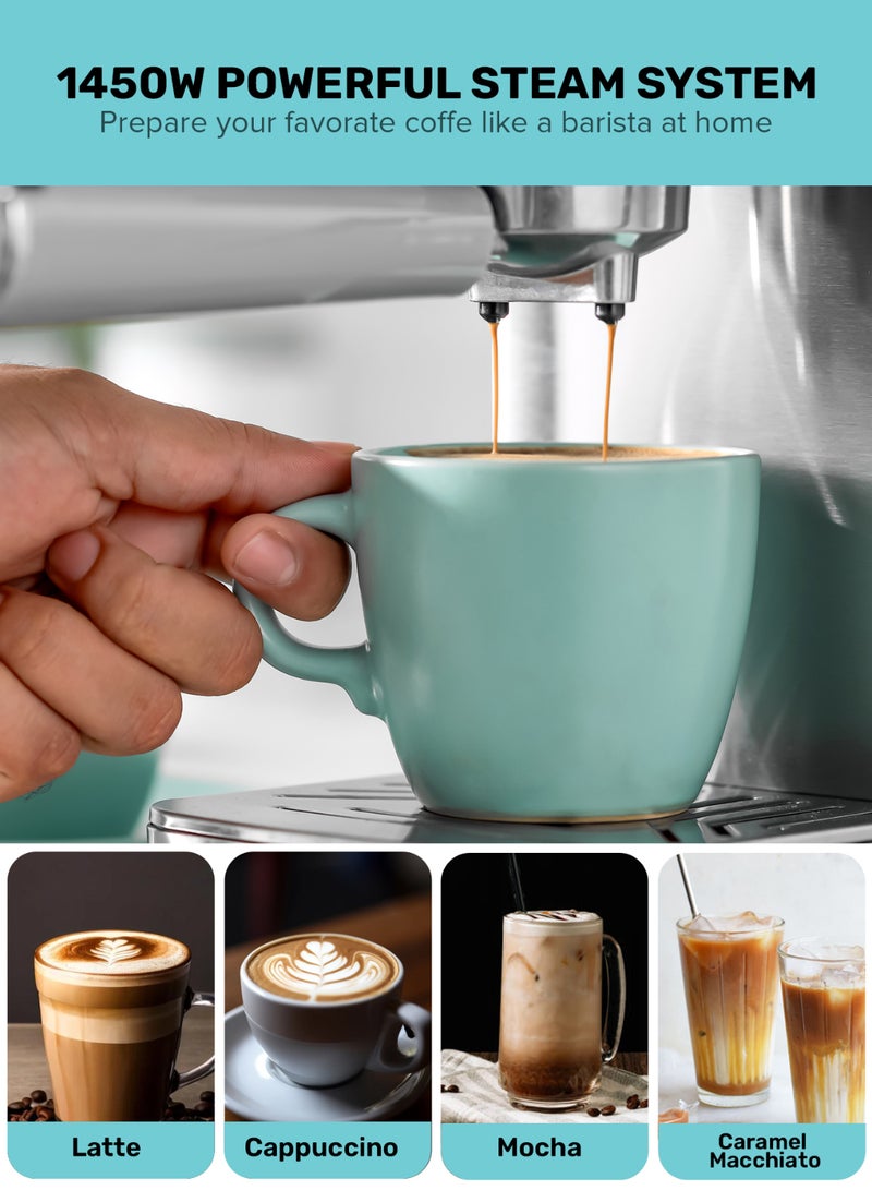 GEEPAS - Espresso and Cappuccino Coffee Maker Machine Equipped with 20 Bar High Pressure Pump and Powerful Steam System Makes Cappuccino, Lattes, Espresso, Macchiato, Mocha 1.4 L 1450 W GCM1415SS Silver - Image 1