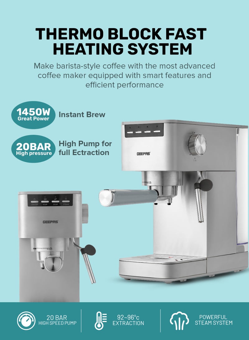 GEEPAS - Espresso and Cappuccino Coffee Maker Machine Equipped with 20 Bar High Pressure Pump and Powerful Steam System Makes Cappuccino, Lattes, Espresso, Macchiato, Mocha 1.4 L 1450 W GCM1415SS Silver - Image 1