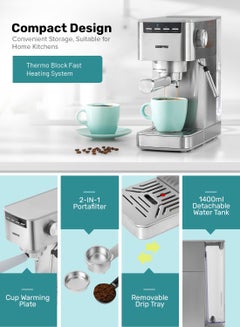 GEEPAS Espresso and Cappuccino Coffee Maker Machine Equipped with 20 Bar High Pressure Pump and Powerful Steam System Makes Cappuccino, Lattes, Espresso, Macchiato, Mocha 1.4 L 1450 W GCM1415SS Silver  - Image 3