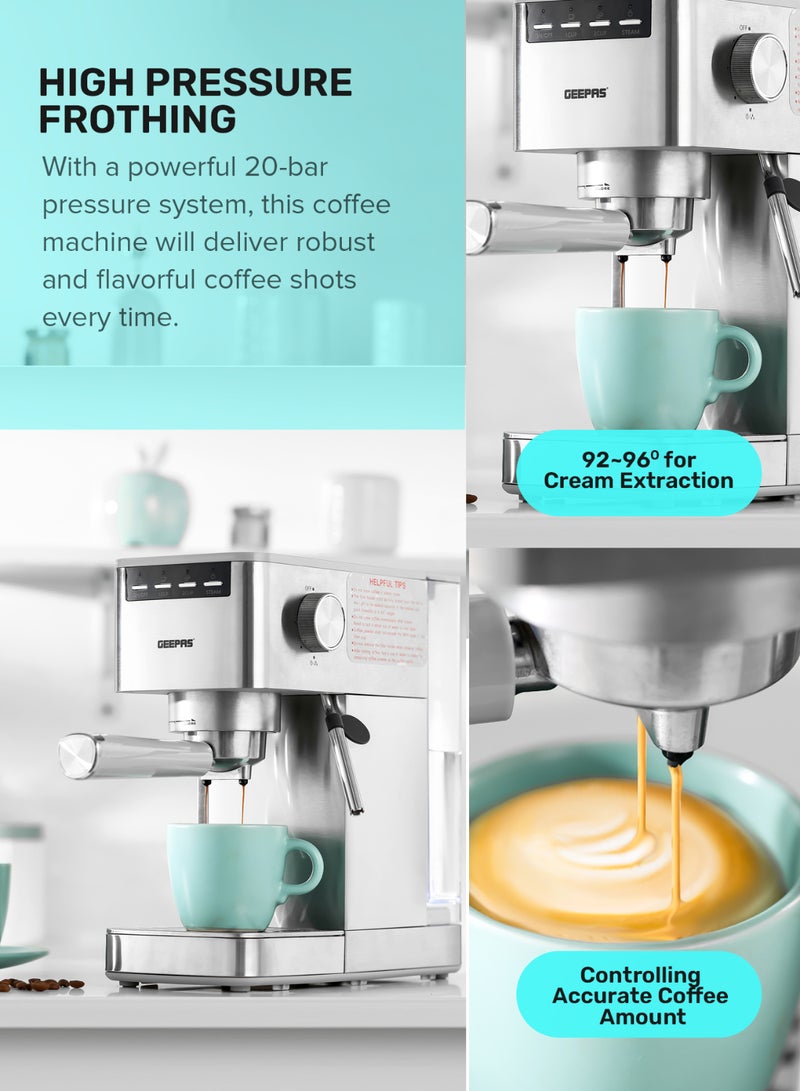 GEEPAS - Espresso and Cappuccino Coffee Maker Machine Equipped with 20 Bar High Pressure Pump and Powerful Steam System Makes Cappuccino, Lattes, Espresso, Macchiato, Mocha 1.4 L 1450 W GCM1415SS Silver - Image 1