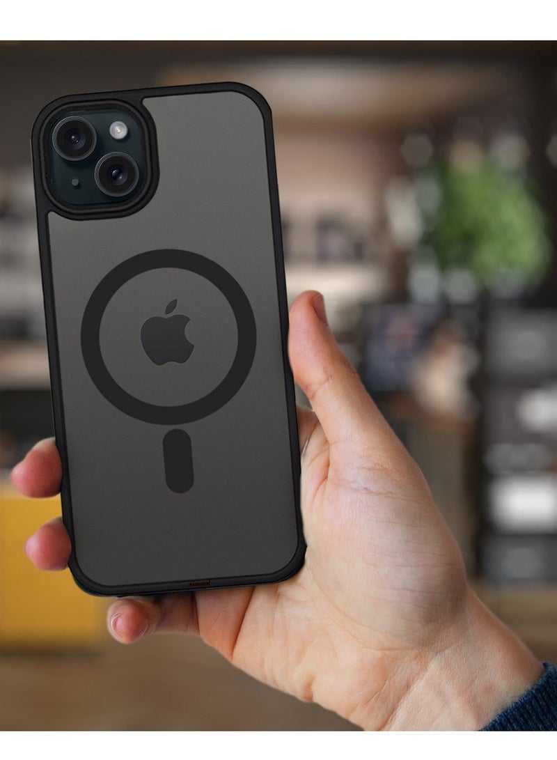 MARGOUN iPhone 15 Plus Back Cover Full Camera Protection And Reinforced Corners Scratch Resistant Cover Support Magnetic Charging Transparent Body Black - Image 2