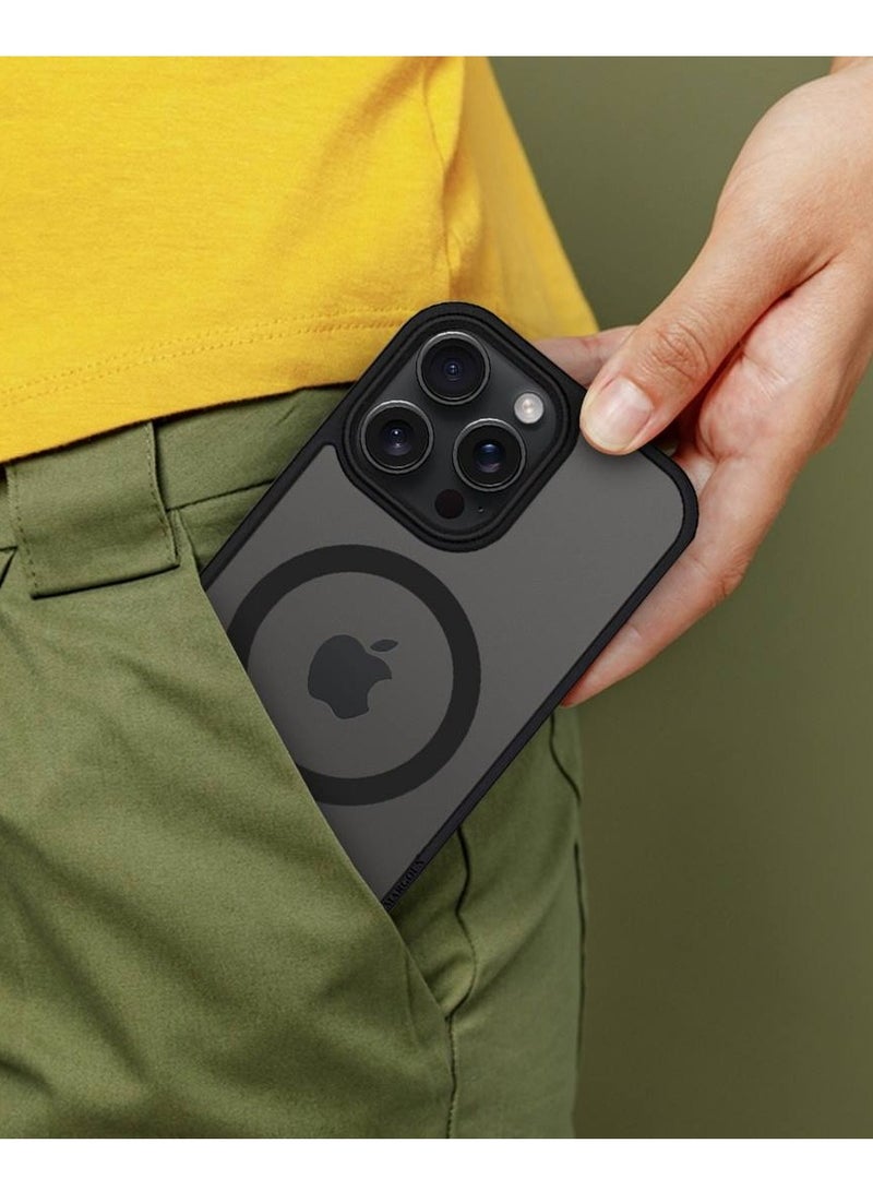 MARGOUN iPhone 15 Pro Back Full Camera Protection And Reinforced Corners Scratch Resistant Cover Support Magnetic Charging Transparent Body Black - Image 3