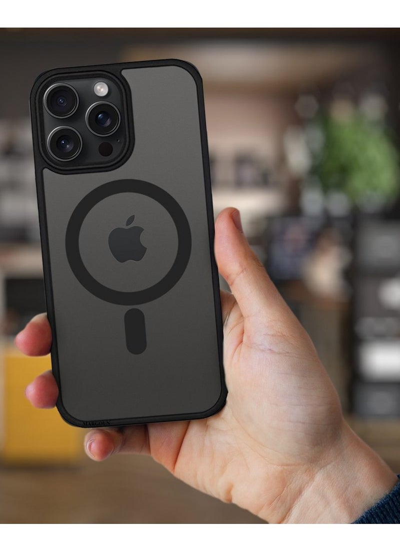 MARGOUN iPhone 15 Pro Max Back Full Camera Protection And Reinforced Corners Scratch Resistant Cover Support Magnetic Charging Transparent Body Black - Image 2