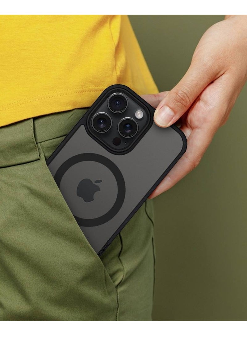 MARGOUN iPhone 15 Pro Max Back Full Camera Protection And Reinforced Corners Scratch Resistant Cover Support Magnetic Charging Transparent Body Black - Image 3