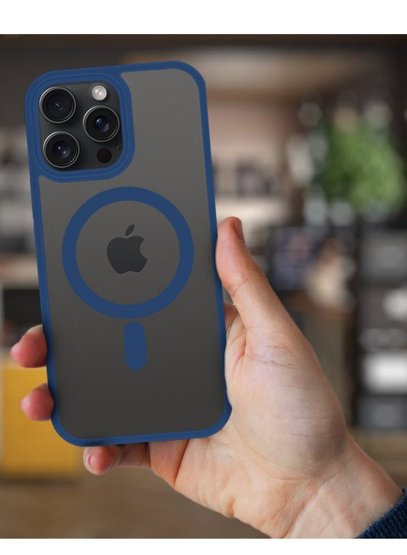MARGOUN iPhone 15 Pro Max Back Full Camera Protection And Reinforced Corners Scratch Resistant Cover Support Magnetic Charging Transparent Body Blue - Image 2