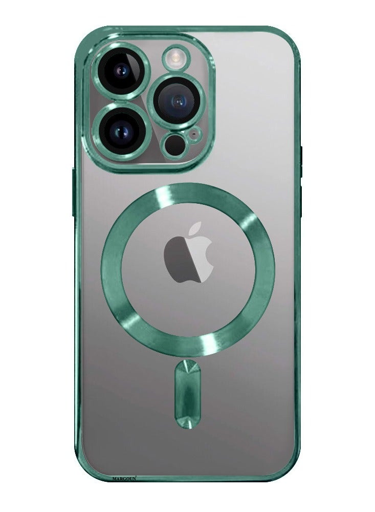 MARGOUN - iPhone 15 Pro Max Phone Protective Case Fashionable Electroplated Magnetic Suction Full Covered Shockproof Phone Cover With Magnetic Rings Green - Image 1