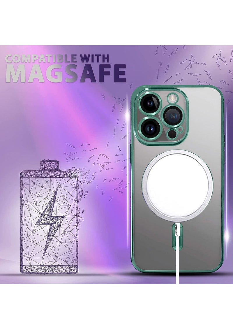 MARGOUN - iPhone 15 Pro Max Phone Protective Case Fashionable Electroplated Magnetic Suction Full Covered Shockproof Phone Cover With Magnetic Rings Green - Image 1