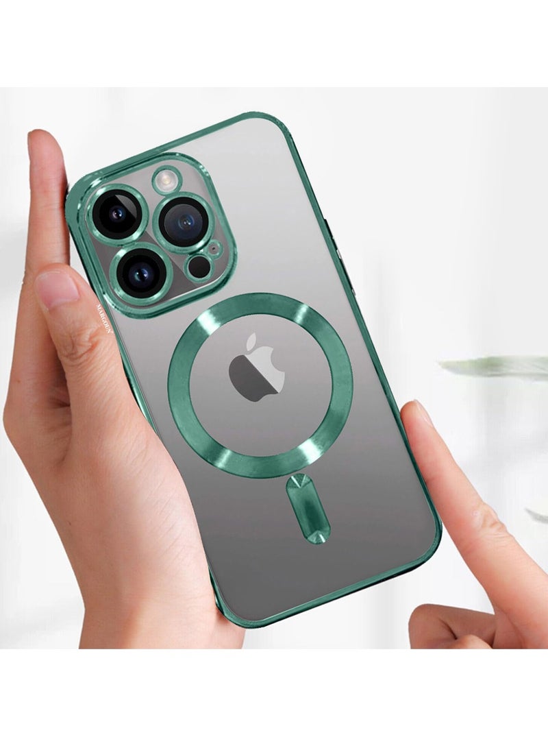 MARGOUN - iPhone 15 Pro Max Phone Protective Case Fashionable Electroplated Magnetic Suction Full Covered Shockproof Phone Cover With Magnetic Rings Green - Image 1