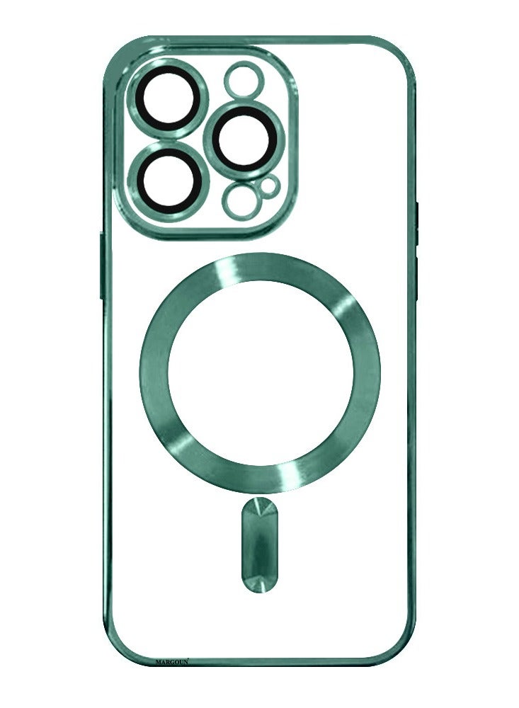 MARGOUN - iPhone 15 Pro Max Phone Protective Case Fashionable Electroplated Magnetic Suction Full Covered Shockproof Phone Cover With Magnetic Rings Green - Image 1