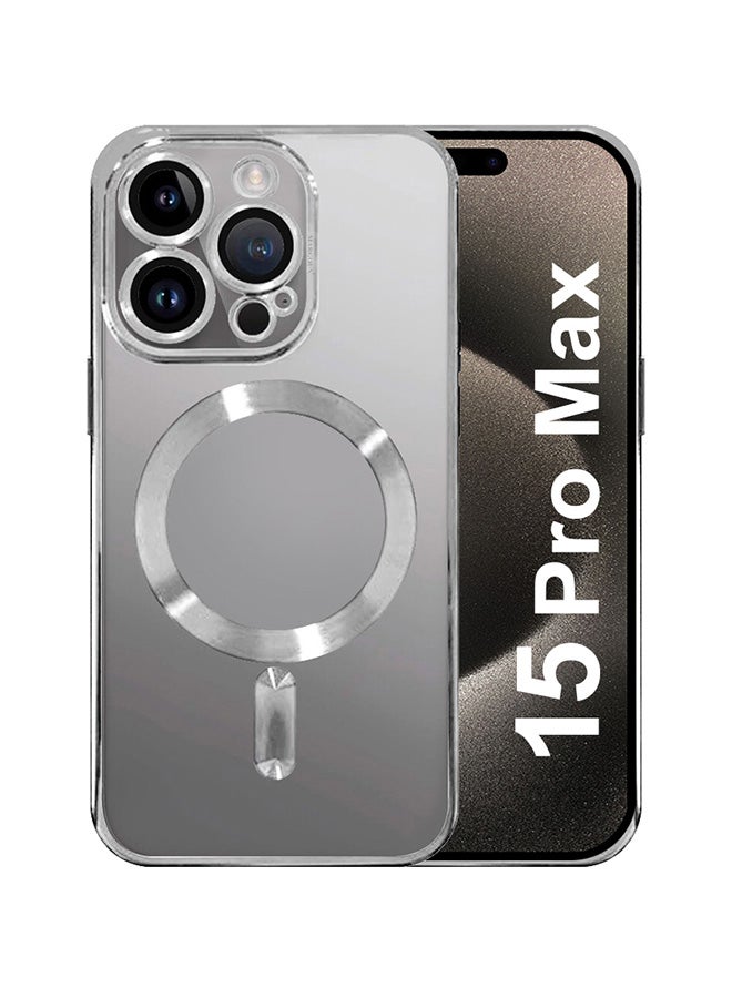 MARGOUN Electroplated Magnetic Case Cover For Apple Iphone 15 Pro Max, Protective Case Fashionable, Full Cover, Shockproof, Magnetic Ring - Silver - Image 1