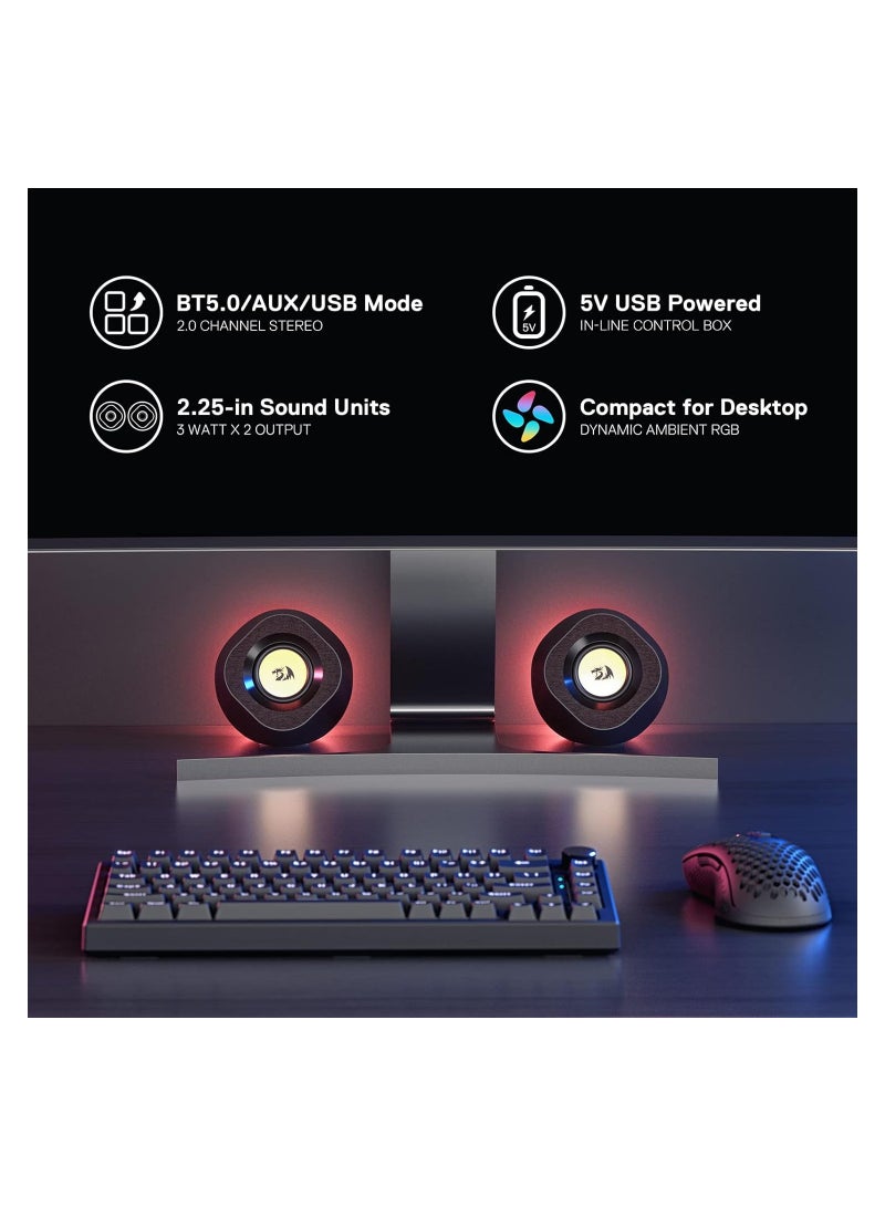 ريدراجون - مكبرات صوت مكتبية RGB لاسلكية GS590، مكبرات صوت ستيريو 2.0 قناة للكمبيوتر الشخصي مع منفذ BT 5.0/USB AUX، صوت محسّن وتحكم مضمن، إضاءة خلفية للمزامنة الإيقاعية - Image 1