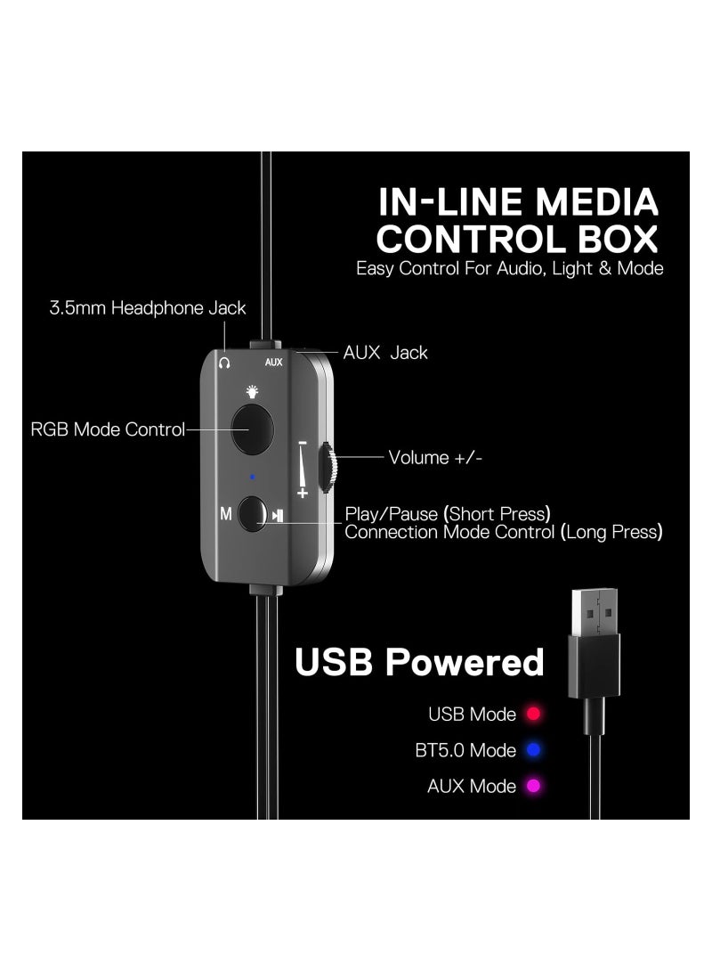 ريدراجون - مكبرات صوت مكتبية RGB لاسلكية GS590، مكبرات صوت ستيريو 2.0 قناة للكمبيوتر الشخصي مع منفذ BT 5.0/USB AUX، صوت محسّن وتحكم مضمن، إضاءة خلفية للمزامنة الإيقاعية - Image 1
