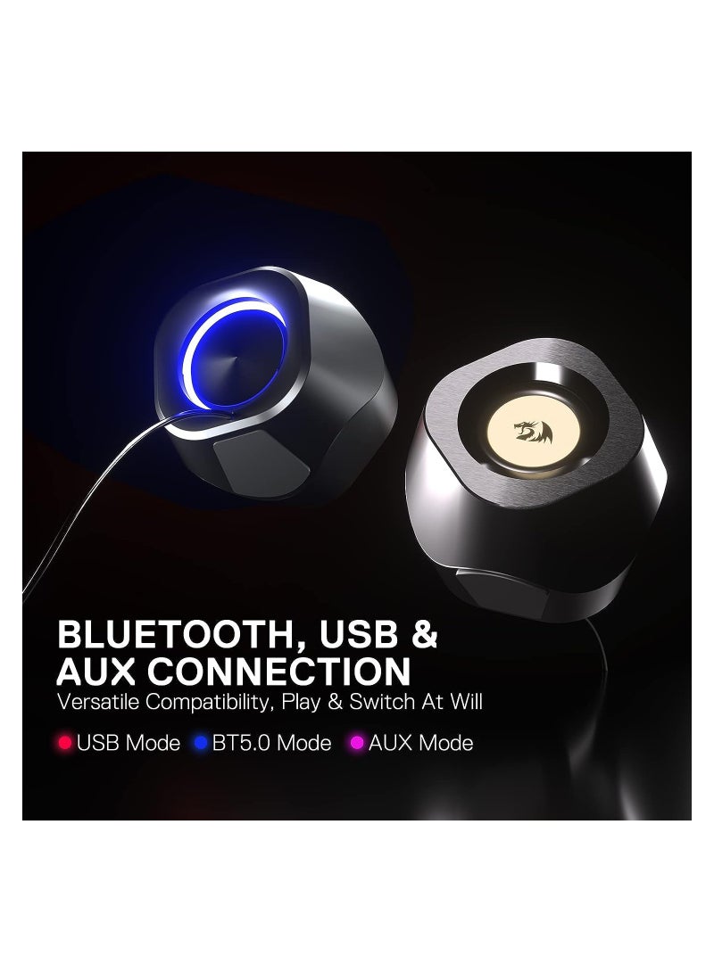 ريدراجون - مكبرات صوت مكتبية RGB لاسلكية GS590، مكبرات صوت ستيريو 2.0 قناة للكمبيوتر الشخصي مع منفذ BT 5.0/USB AUX، صوت محسّن وتحكم مضمن، إضاءة خلفية للمزامنة الإيقاعية - Image 1
