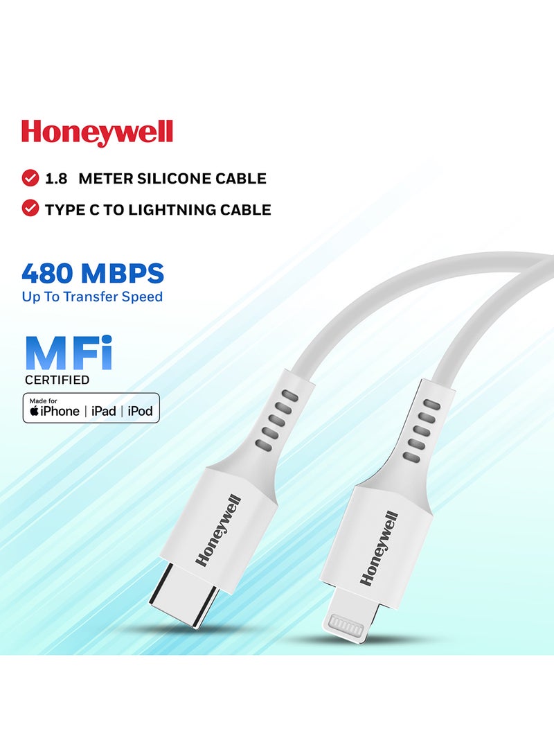 Honeywell Type C To Lightning Cable 1.8Mtr Mfi Certified Compatible With Iphone 14/13/12/11 Series Ipad Ipod Upto 87W Pd White White - Image 1