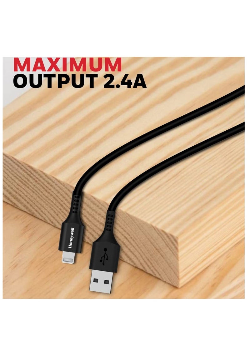 Honeywell - iPhone Lightning Cable 1.8mtr MFI Certified Compatible With iphone 14/13/12/11 Series, ipad, ipod Upto 480mbps Transfer Speed - Black - Image 1