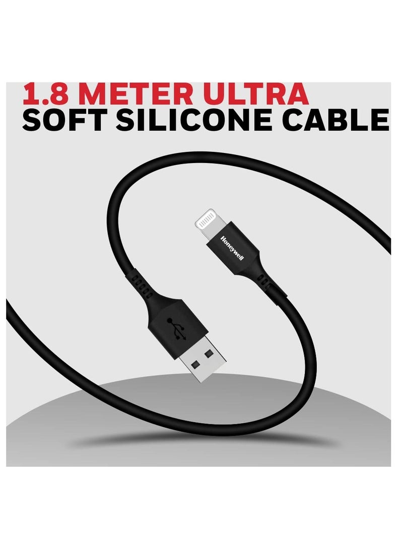 Honeywell - iPhone Lightning Cable 1.8mtr MFI Certified Compatible With iphone 14/13/12/11 Series, ipad, ipod Upto 480mbps Transfer Speed - Black - Image 1