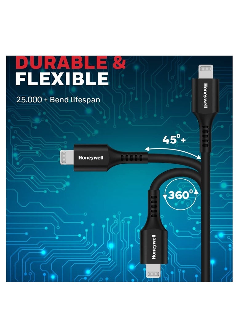 Honeywell - iPhone Lightning Cable 1.8mtr MFI Certified Compatible With iphone 14/13/12/11 Series, ipad, ipod Upto 480mbps Transfer Speed - Black - Image 1